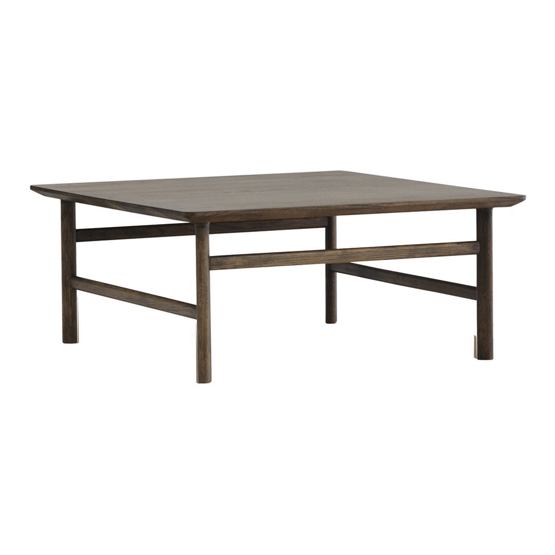 Square wooden coffee table in a rich, deep brown finish with a smooth, solid surface and minimalistic design.