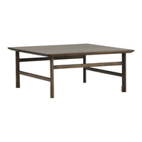 Square wooden coffee table in a rich, deep brown finish with a smooth, solid surface and minimalistic design.
