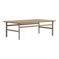 Natural wood coffee table in warm brown tones with a smooth, minimalist design and clean lines. Perfect for modern decor.