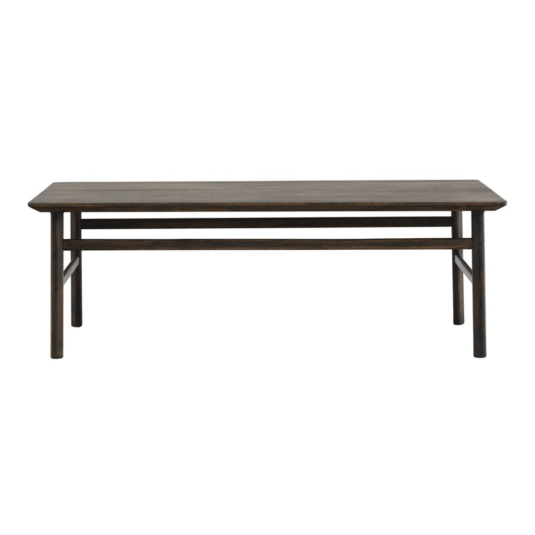 "Rectangular wooden coffee table in dark brown finish with simple, clean lines and no visible patterns."