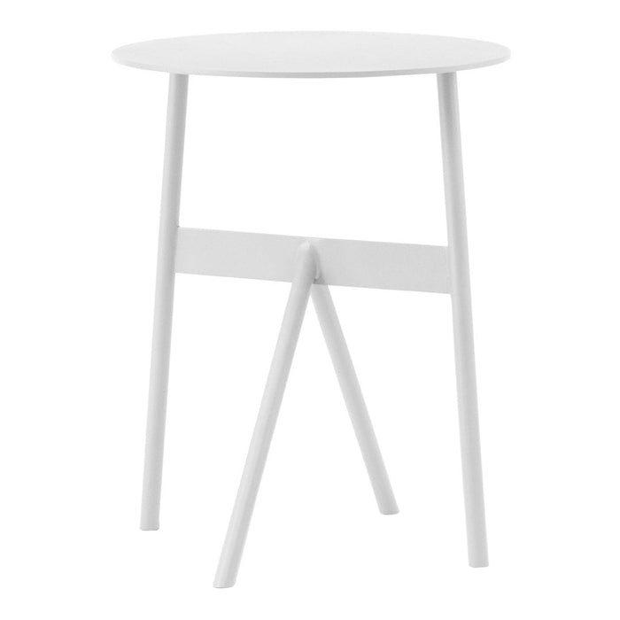 White round side table with a minimalist design and sleek, tapered legs for modern decor.