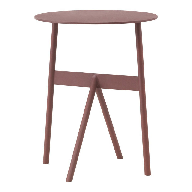 Round, burgundy side table with a minimalist design and three tapered legs. Perfect for modern decor.