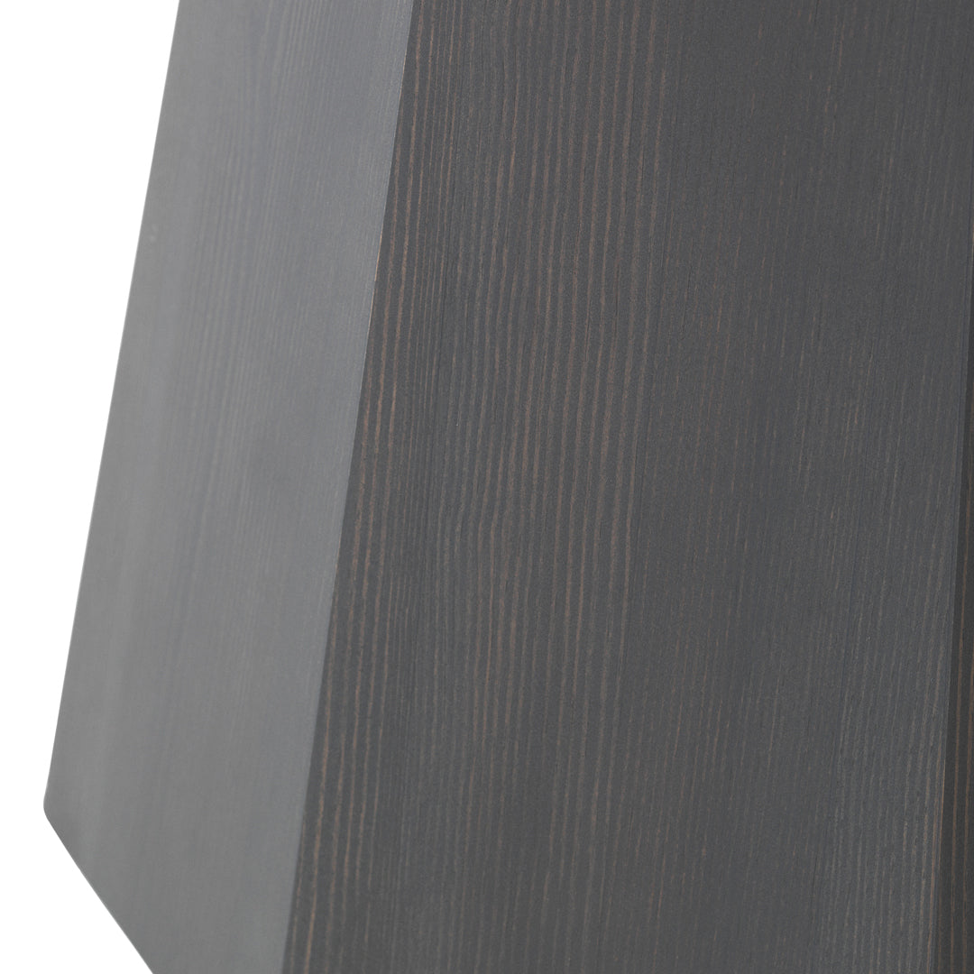 Dark gray wood texture with subtle vertical grain lines. Modern geometric shape adds visual interest.