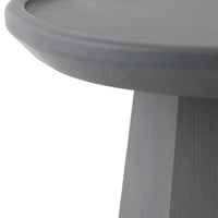 Gray round tabletop with a smooth finish, featuring subtle vertical wood grain patterns.
