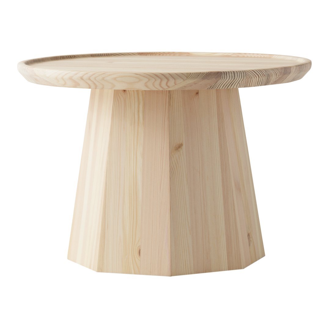 Light beige wooden table with a round top and geometric, faceted base. Natural grain patterns highlight organic textures.