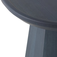 Dark blue wooden stool with subtle grain patterns and smooth, rounded edges. Ideal for modern decor.