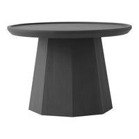 Round, black side table with a geometric, faceted base and a smooth tabletop, perfect for modern decor.