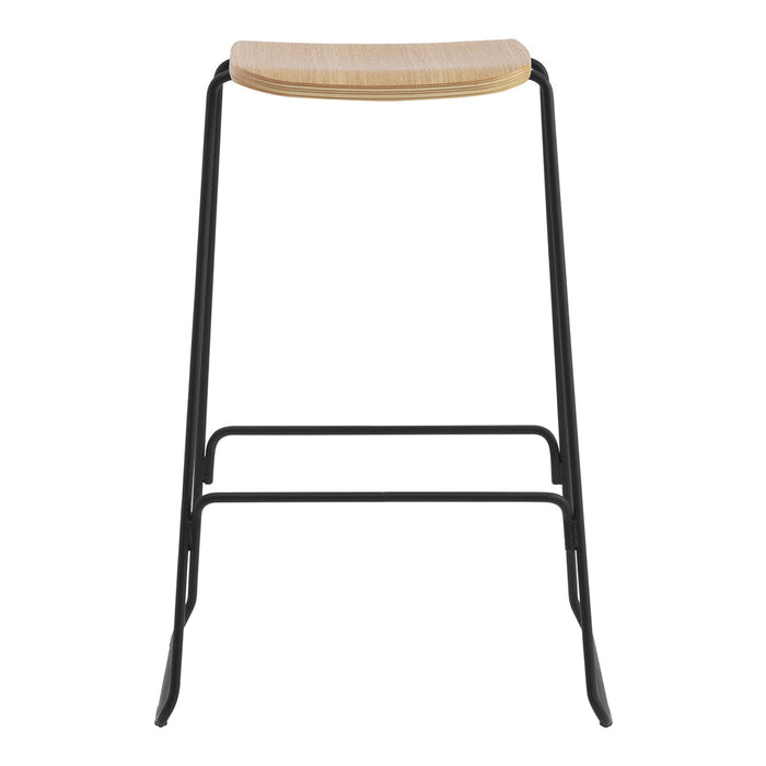 Black metal bar stool with a light wood seat, featuring a minimalist design and smooth finishes.