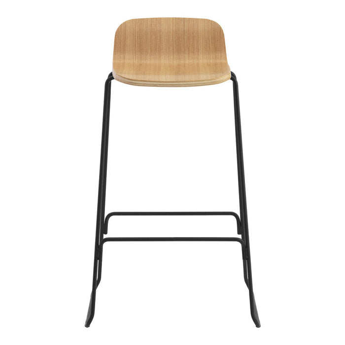 Natural wood seat with a light oak finish on a sleek black metal frame, featuring a minimalist design.