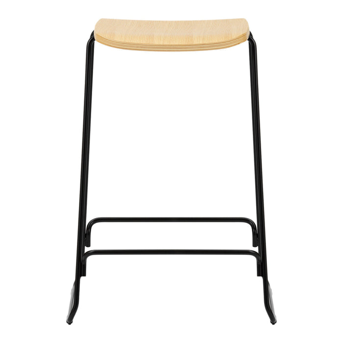 Black metal bar stool with a natural wood seat, featuring a sleek, minimalist design and smooth finishes.