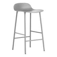 Gray bar stool with a smooth, minimalist design and matching slender legs. Perfect for modern spaces.