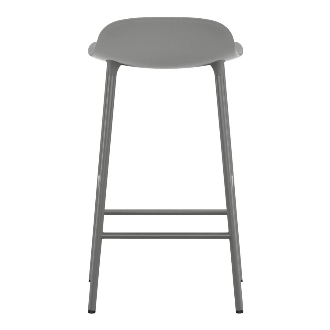 Gray modern bar stool with a minimalist design and smooth, curved seat. Perfect for contemporary spaces.