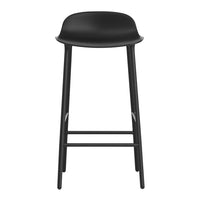 Black bar stool with a sleek, minimalist design and smooth surface, featuring sturdy wooden legs.