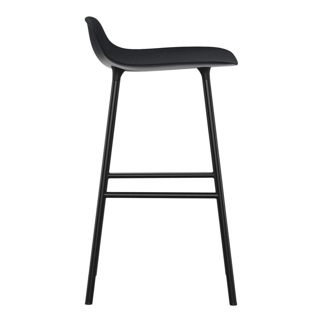Black bar stool with smooth seat and sleek metal legs, featuring a minimalist design. Ideal for modern decor.
