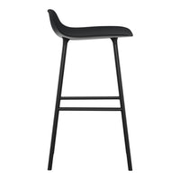 Black bar stool with smooth seat and sleek metal legs, featuring a minimalist design. Ideal for modern decor.