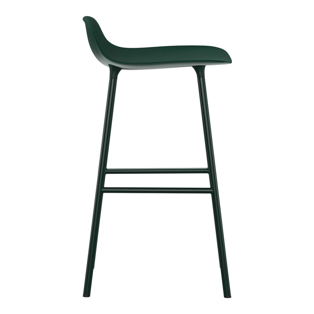 Green bar stool with a sleek, minimalist design and smooth, solid color finish. Perfect for contemporary decor.