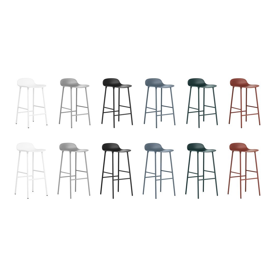 Assorted bar stools in white, black, green, blue, and rust colors with smooth, modern designs.