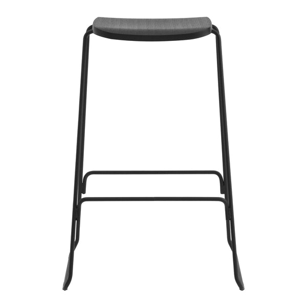Black metal bar stool with a sleek, textured gray seat, ideal for modern decor. Simple and stylish design.