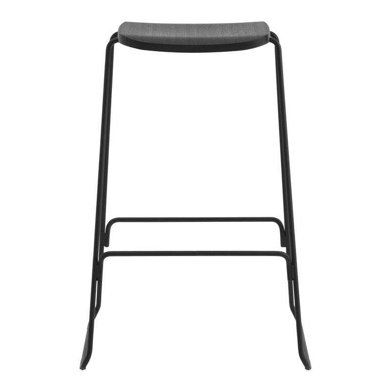 Black metal bar stool with a sleek, textured gray seat, ideal for modern decor. Simple and stylish design.