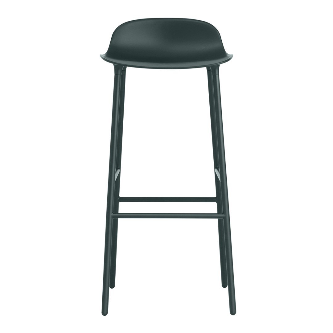 Sleek black bar stool with a minimalist design and smooth curved seat, complemented by slender wooden legs.