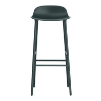 Sleek black bar stool with a minimalist design and smooth curved seat, complemented by slender wooden legs.