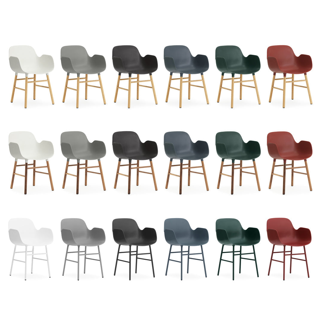 "Collection of modern chairs in white, grey, black, green, and burgundy with wooden legs and sleek designs."