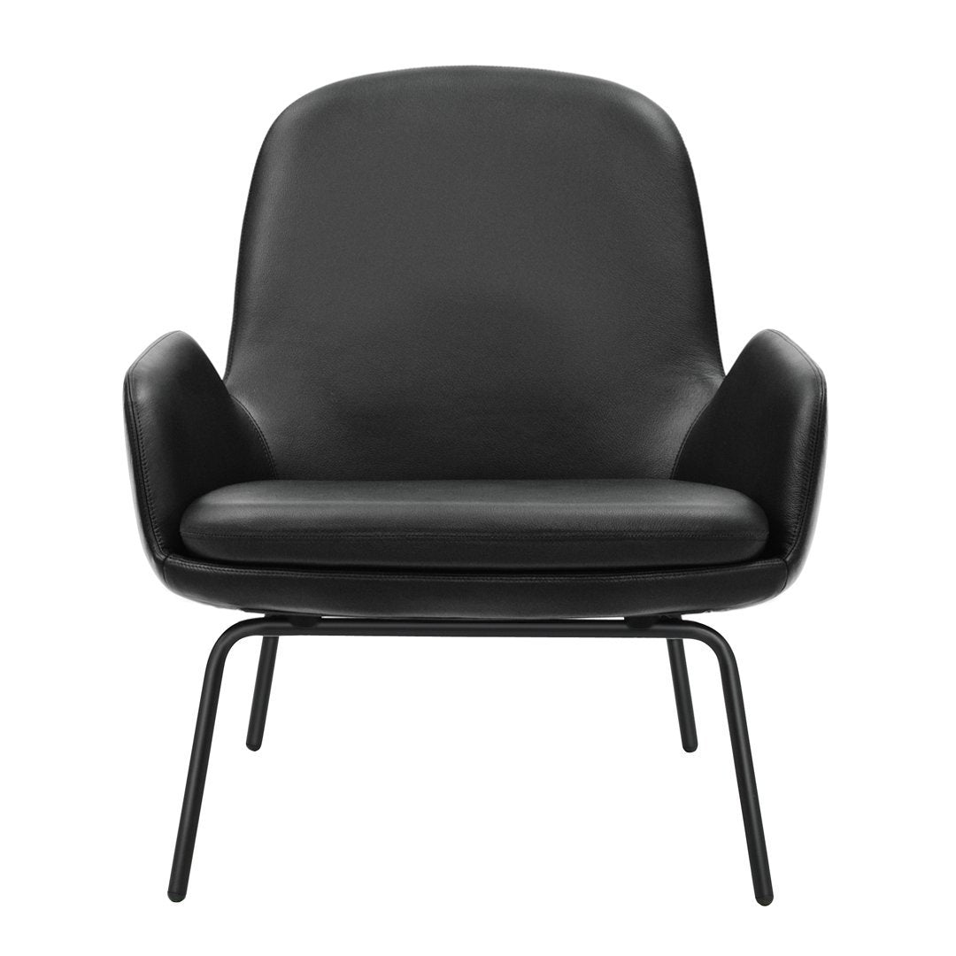Stylish black leather armchair with smooth, minimalist design and bold, sleek metal legs. Perfect for modern decor.