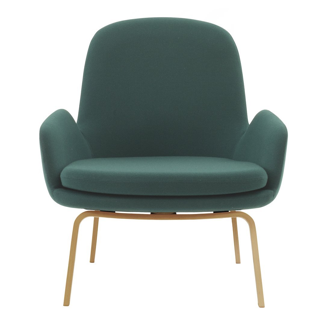 Teal upholstered chair with curved design and gold metal legs, featuring a smooth, minimalist aesthetic.