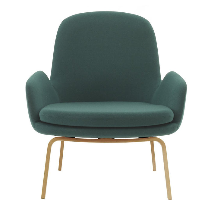 Teal upholstered chair with curved design and gold metal legs, featuring a smooth, minimalist aesthetic.
