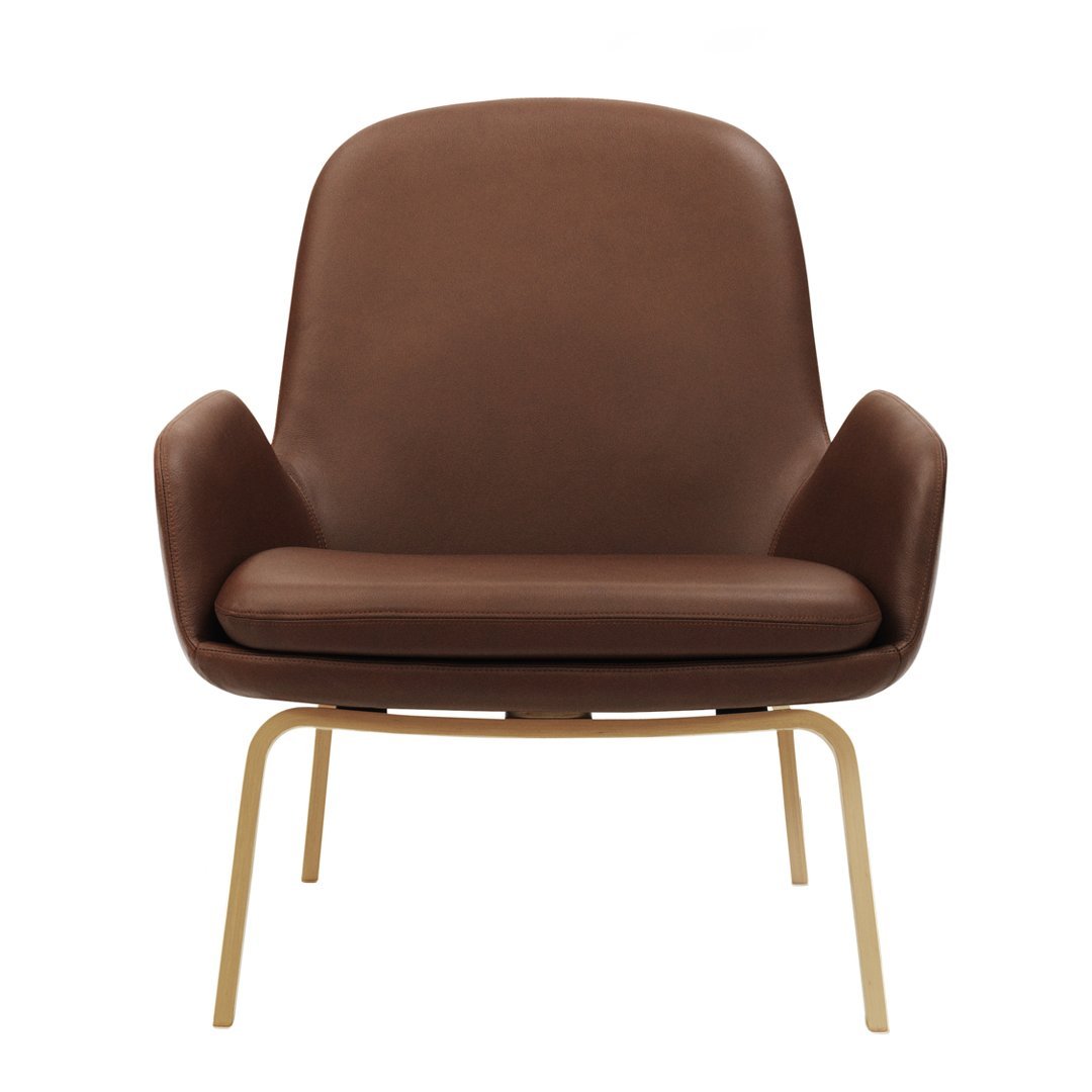 Stylish brown leather chair with a smooth finish and gold metal legs, perfect for modern decor.