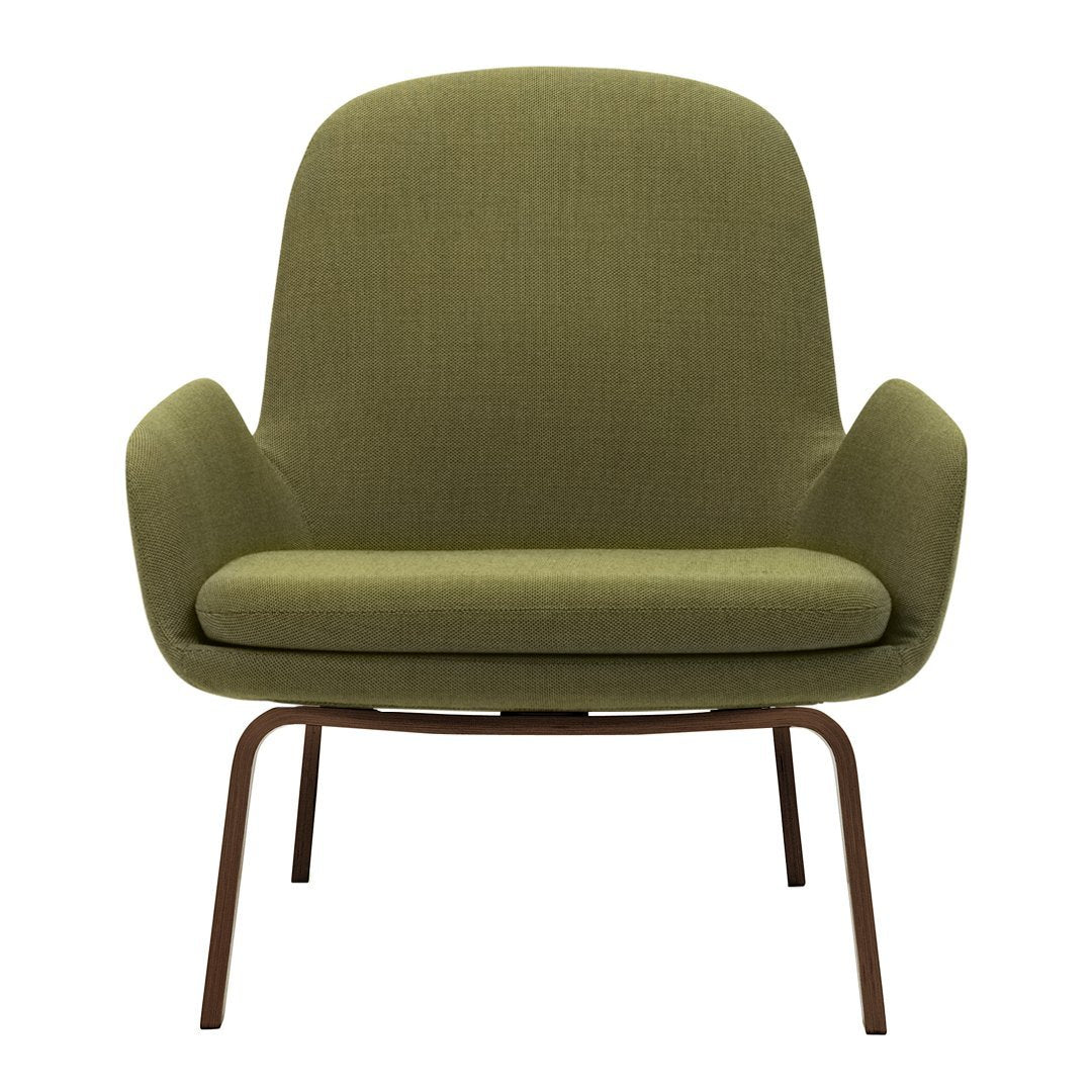 Olive green armchair with a textured fabric upholstery and sleek brown metal legs, featuring a minimalist design.