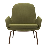 Olive green armchair with a textured fabric upholstery and sleek brown metal legs, featuring a minimalist design.