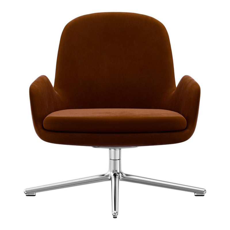 Brown velvet accent chair with a sleek chrome base, featuring a smooth, modern design and plush, rounded shape.