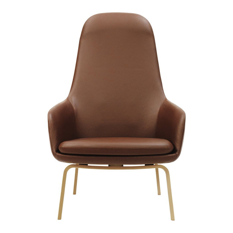 Brown leather high-back chair with smooth texture and golden metal legs, perfect for modern decor.