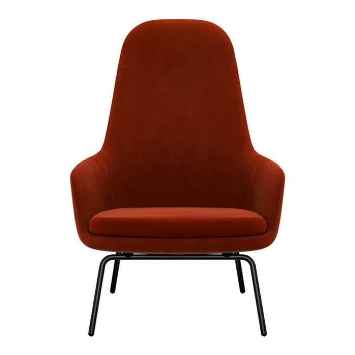 "Modern high-back chair in rich rust velvet with sleek black metal legs, offering a bold and stylish accent."