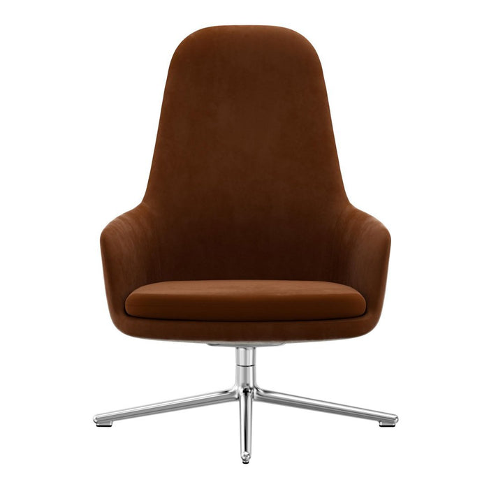 Brown upholstered chair with a sleek, modern design and chrome base, featuring smooth, luxurious texture.