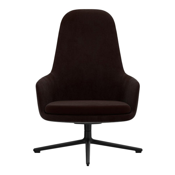 Elegant dark brown velvet chair with a smooth, minimalist design and black metal base. Perfect for modern decor.