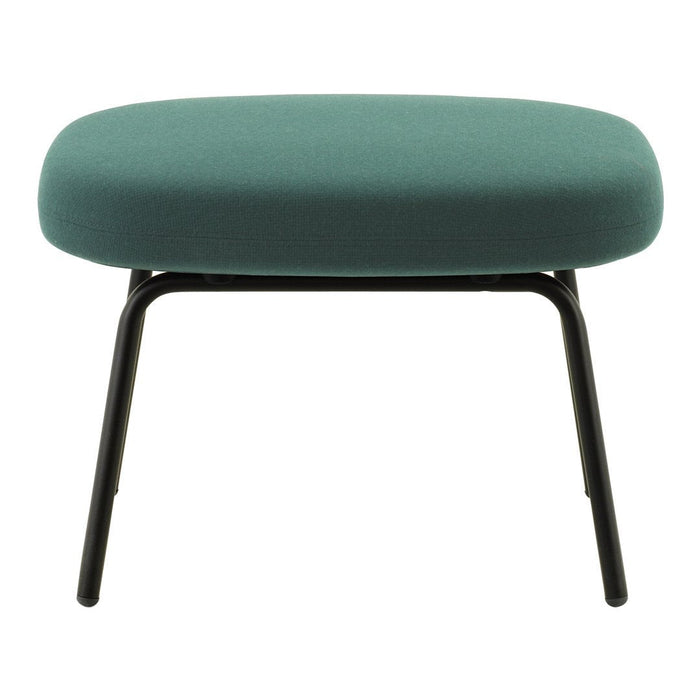 Teal upholstered stool with a smooth, rounded top and sleek black legs, perfect for modern decor.