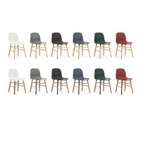 Colorful set of modern chairs in white, gray, navy, green, and burgundy with natural wood legs.
