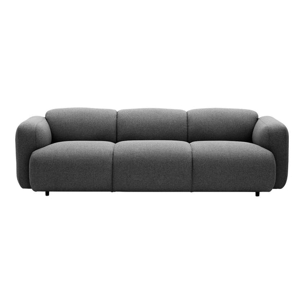 Gray upholstered sofa with a smooth texture and rounded edges, featuring a minimalist design and no visible patterns.