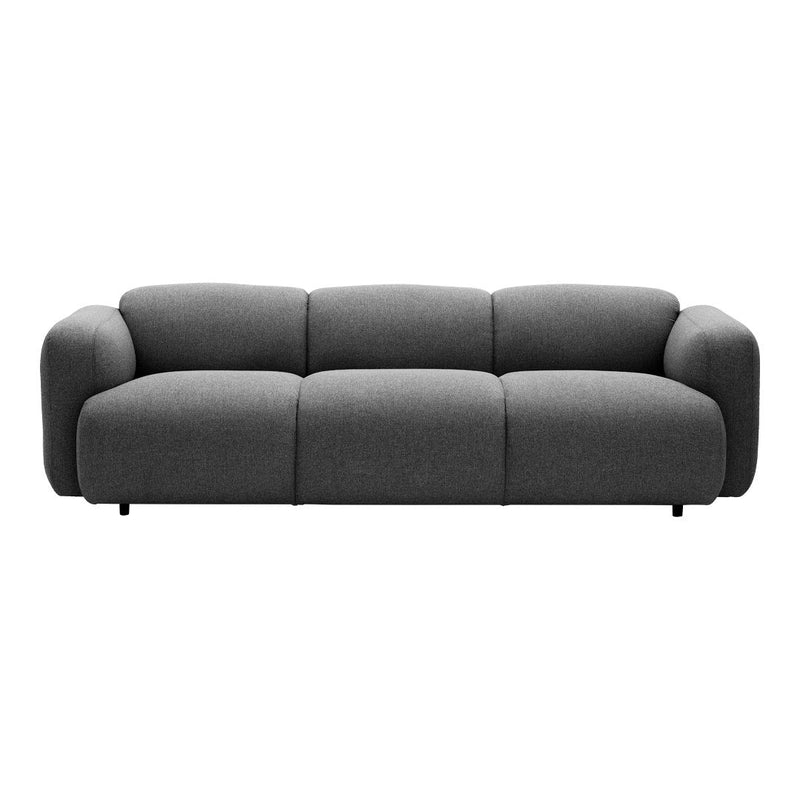 Gray upholstered sofa with a smooth texture and rounded edges, featuring a minimalist design and no visible patterns.