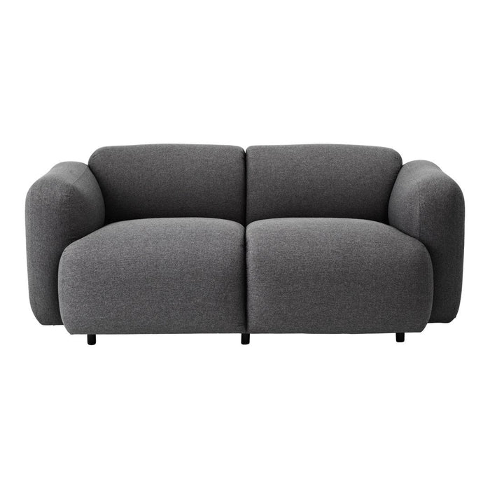 Modern two-seater sofa in soft, textured dark gray upholstery with rounded arms and minimalist design.