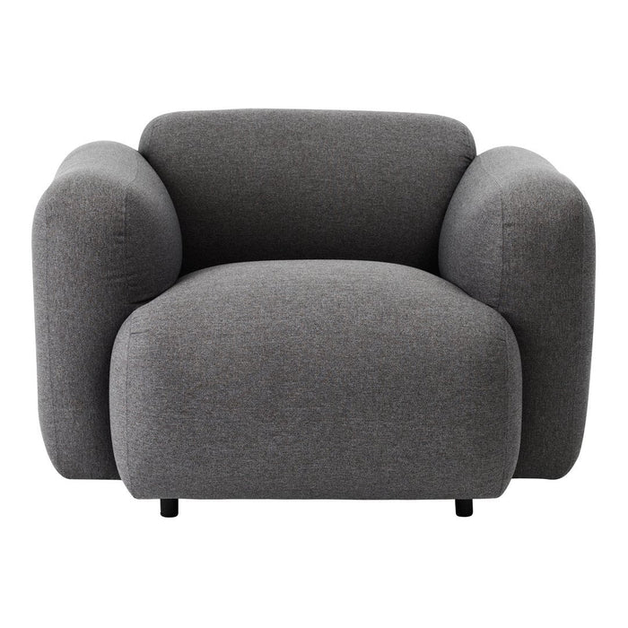 Cozy gray armchair with a soft, textured fabric and rounded edges, perfect for modern living spaces.