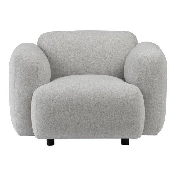 Gray upholstered armchair with rounded shapes and a soft texture, perfect for modern decor.