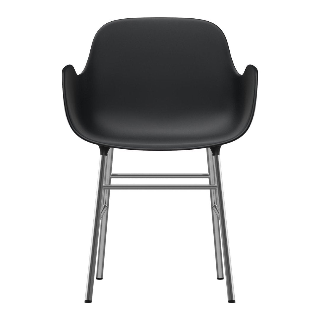 Sleek black armchair with a smooth surface and metallic gray legs, perfect for modern decor.