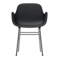 Sleek black armchair with a smooth surface and metallic gray legs, perfect for modern decor.