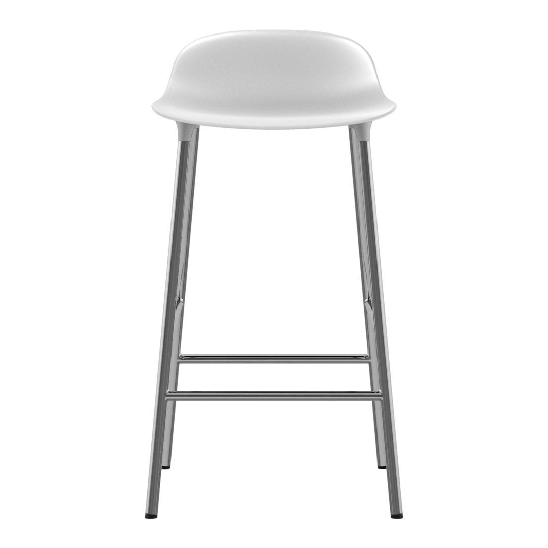 White bar stool with a sleek, smooth design and silver metal legs. Modern and minimalist style for any space.