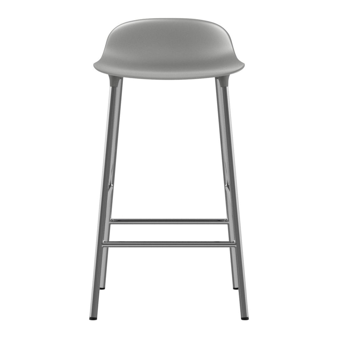 Gray bar stool with a smooth, minimalist design and metallic silver legs. Perfect for modern decor.