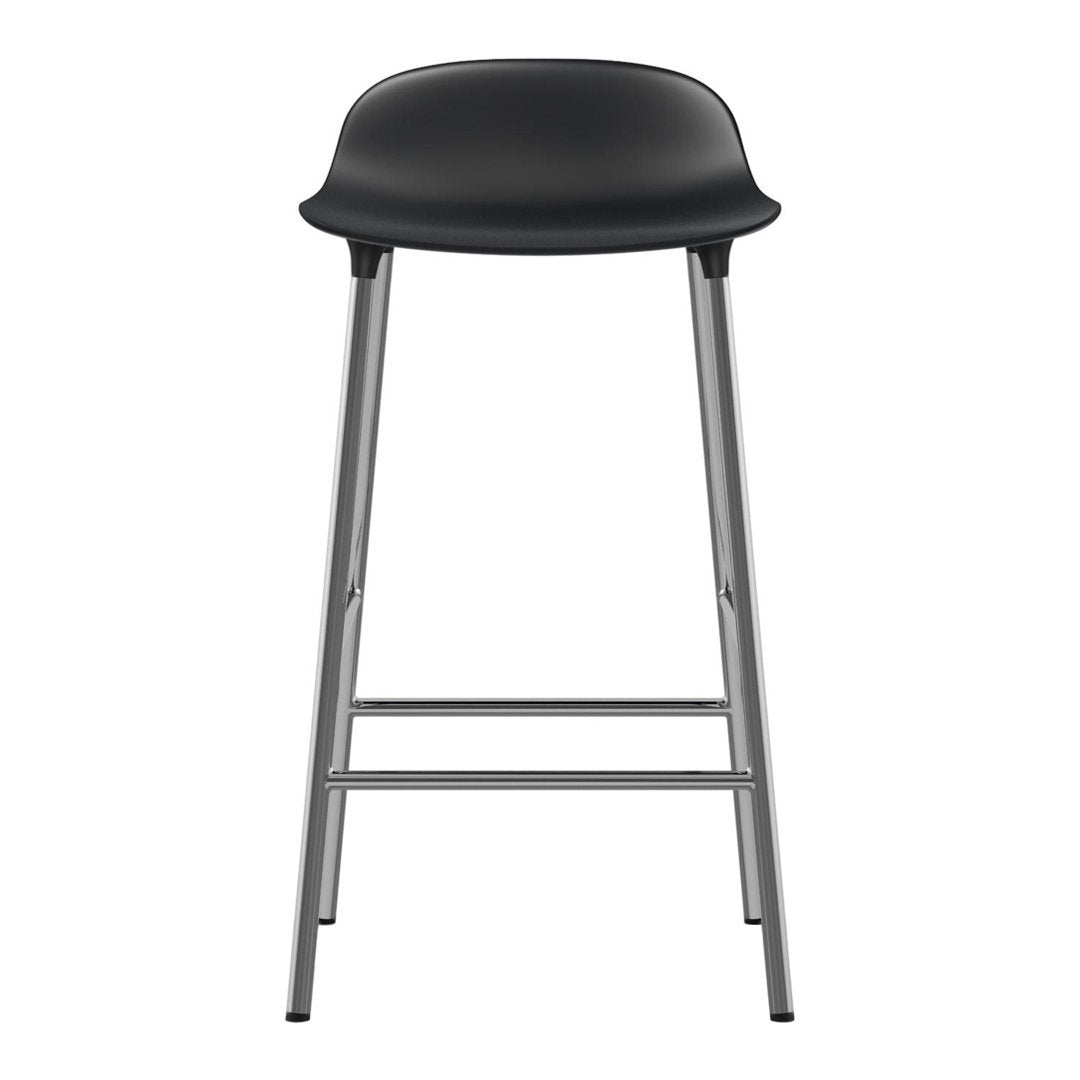 Black bar stool with a smooth, minimalist design and a silver metal frame. Perfect for modern decor.