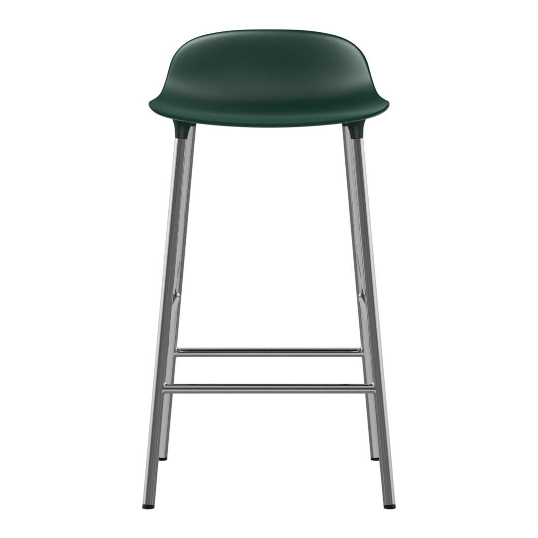 Green plastic bar stool with a sleek silver metal frame, featuring a smooth, simple design.